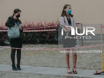 Students of the 12th high school are waiting for entry for the matura exam during pandemic on June 9, 2020 in Wroclaw, Poland. (