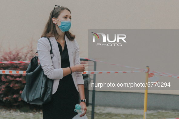 Students of the 12th high school are waiting for entry for the matura exam during pandemic on June 9, 2020 in Wroclaw, Poland. 