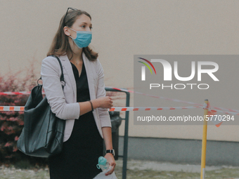 Students of the 12th high school are waiting for entry for the matura exam during pandemic on June 9, 2020 in Wroclaw, Poland. (