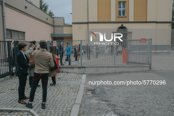 Students of the 12th high school are waiting for entry for the matura exam during pandemic on June 9, 2020 in Wroclaw, Poland. 