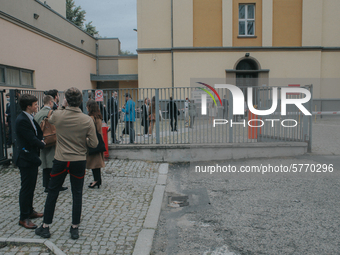 Students of the 12th high school are waiting for entry for the matura exam during pandemic on June 9, 2020 in Wroclaw, Poland. (