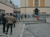 Students of the 12th high school are waiting for entry for the matura exam during pandemic on June 9, 2020 in Wroclaw, Poland. (