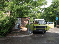 Giulia Zaffagnini, middle school teacher, and one of her pupils during a lesson in a van under the student's house while the schools are clo...