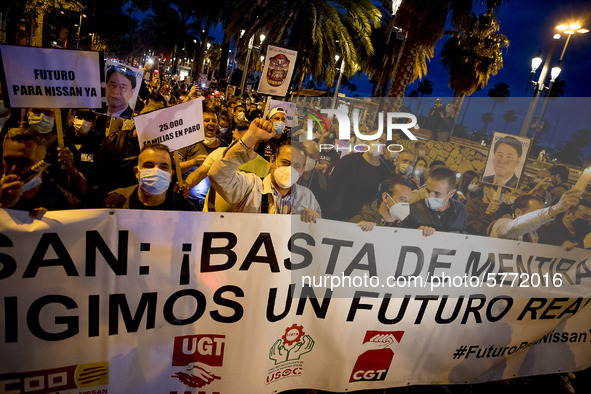 Workers and relatives of NISSAN and the multinational's subsidiary companies are protesting in the streets of Barcelona against the closure...