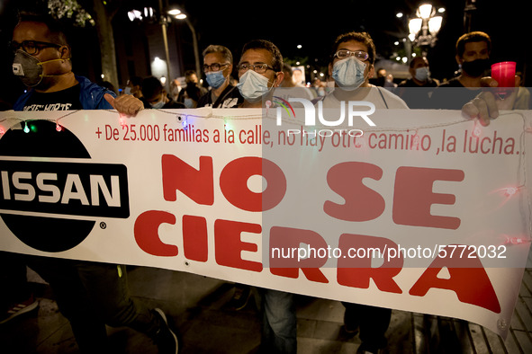 Workers and relatives of NISSAN and the multinational's subsidiary companies are protesting in the streets of Barcelona against the closure...