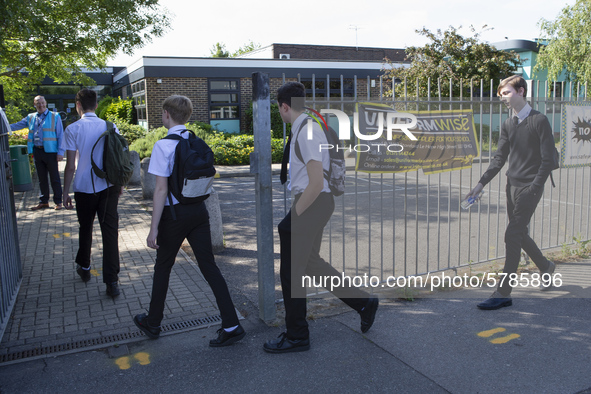   Year 10 pupils enter the school. Ortu Gable Hall School in Corringham, Essex return after a long break due to the COVID-19 pandemic on Tue...