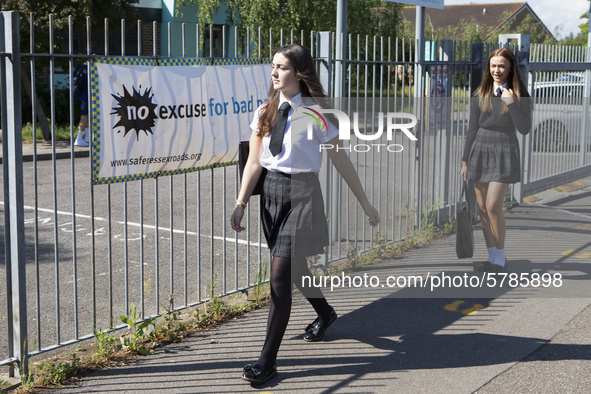   Year 10 pupils enter the school. Ortu Gable Hall School in Corringham, Essex return after a long break due to the COVID-19 pandemic on Tue...