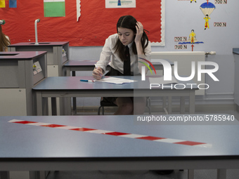  A Year 10 pupil doing her work. Ortu Gable Hall School in Corringham, Essex return after a long break due to the COVID-19 pandemic on Tuesd...