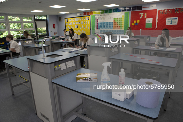  A Year 10 class with cleaning products . Ortu Gable Hall School in Corringham, Essex return after a long break due to the COVID-19 pandemic...