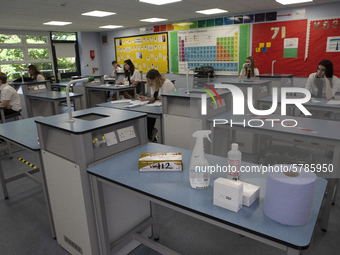  A Year 10 class with cleaning products . Ortu Gable Hall School in Corringham, Essex return after a long break due to the COVID-19 pandemic...