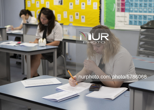  A Year 10 pupil doing her work. Ortu Gable Hall School in Corringham, Essex return after a long break due to the COVID-19 pandemic on Tuesd...