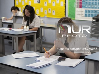  A Year 10 pupil doing her work. Ortu Gable Hall School in Corringham, Essex return after a long break due to the COVID-19 pandemic on Tuesd...