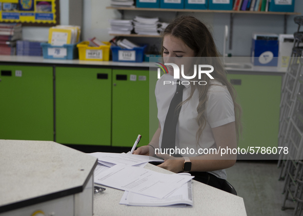   A Year 10 pupil doing work. Ortu Gable Hall School in Corringham, Essex return after a long break due to the COVID-19 pandemic on Tuesday...