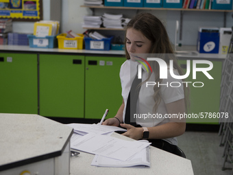   A Year 10 pupil doing work. Ortu Gable Hall School in Corringham, Essex return after a long break due to the COVID-19 pandemic on Tuesday...