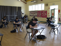   A group of Year 12 pupils working. Ortu Gable Hall School in Corringham, Essex return after a long break due to the COVID-19 pandemic on T...