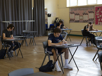   A group of Year 12 pupils working. Ortu Gable Hall School in Corringham, Essex return after a long break due to the COVID-19 pandemic on T...