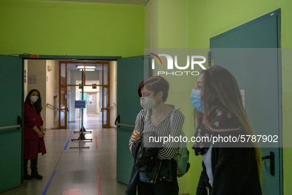 A student waits for her turn to begin the exam in Turin, Italy 17th June 2020. . The final high school exam represents a return to class for...