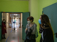 A student waits for her turn to begin the exam in Turin, Italy 17th June 2020. . The final high school exam represents a return to class for...