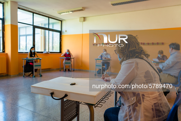 A student and the jury during the State Exam in Molfetta at the Don Tonino Bello High School in Molfetta, Italy on June 18, 2020.
The State...