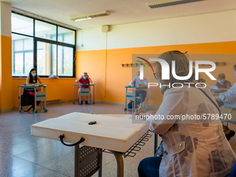 A student and the jury during the State Exam in Molfetta at the Don Tonino Bello High School in Molfetta, Italy on June 18, 2020.
The State...