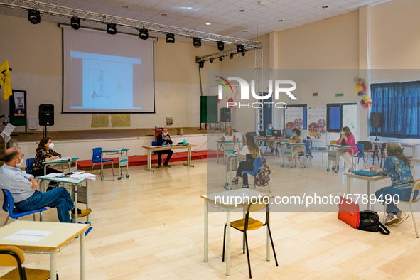 A student and the jury during the State Exam in Molfetta at the Don Tonino Bello High School in Molfetta, Italy on June 18, 2020.
The State...