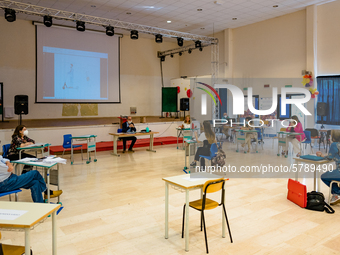 A student and the jury during the State Exam in Molfetta at the Don Tonino Bello High School in Molfetta, Italy on June 18, 2020.
The State...