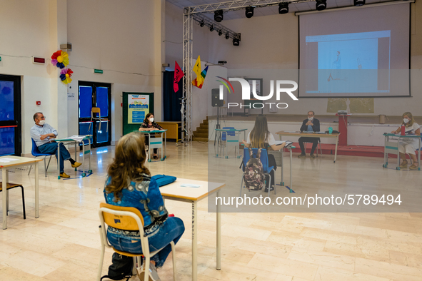 A student and the jury during the State Exam in Molfetta at the Don Tonino Bello High School in Molfetta, Italy on June 18, 2020.
The State...