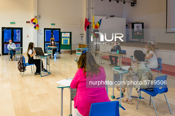 A student and the jury during the State Exam in Molfetta at the Don Tonino Bello High School in Molfetta, Italy on June 18, 2020.
The State...