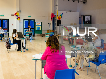 A student and the jury during the State Exam in Molfetta at the Don Tonino Bello High School in Molfetta, Italy on June 18, 2020.
The State...