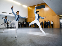 Students performs during the visit of President of the Republic Marcelo Rebelo De Sousa, Minister of Education Tiago Brandao Rodrigues and P...