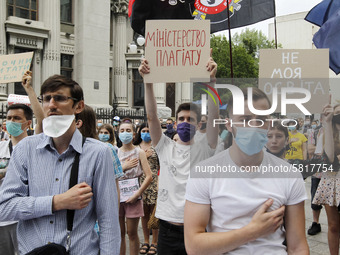 Ukrainian students take part at a rally against the appointment of acting Minister of Education and Science of Ukraine Serhiy Shkarlet on hi...