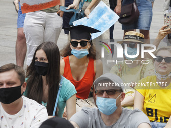 Ukrainian students take part at a rally against the appointment of acting Minister of Education and Science of Ukraine Serhiy Shkarlet on hi...