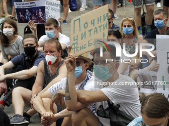 Ukrainian students take part at a rally against the appointment of acting Minister of Education and Science of Ukraine Serhiy Shkarlet on hi...