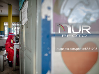  A little girl at a class room during her test to enter the school in Depok, West Java, Indonesia, on July 6, 2020. The Education and Cultur...