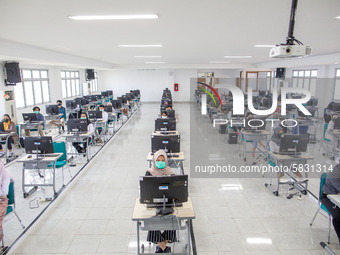 Participants waiting for the test to begin at a campus in the National State University selection test in Depok, West Java, Indonesia, on Ju...