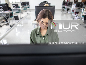 A beautiful participant waiting for the examination at a campus for State University selection in Depok, West Java, Indonesia, on July 6, 20...