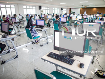 Participants of Indonesia National State University selection examination waiting for the test to begin in Depok, West Java, Indonesia, on J...