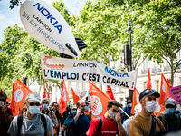 Several hundred employees of the Nokia group, including those at the Lannion plant, gathered in Paris, France, on July 8, 2020 for a large d...