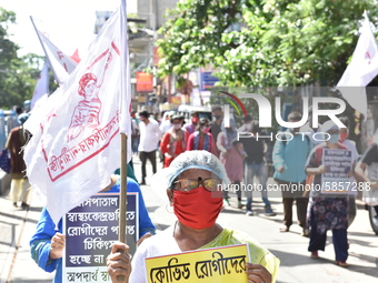 Left Front students union, youth wing and women's association protest on 16th July 2020, Kolkata, India. According to recent emergency situa...