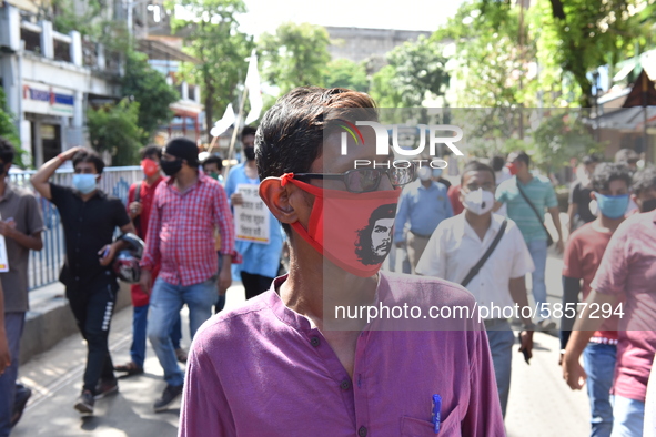 Left Front students union, youth wing and women's association protest on 16th July 2020, Kolkata, India. According to recent emergency situa...