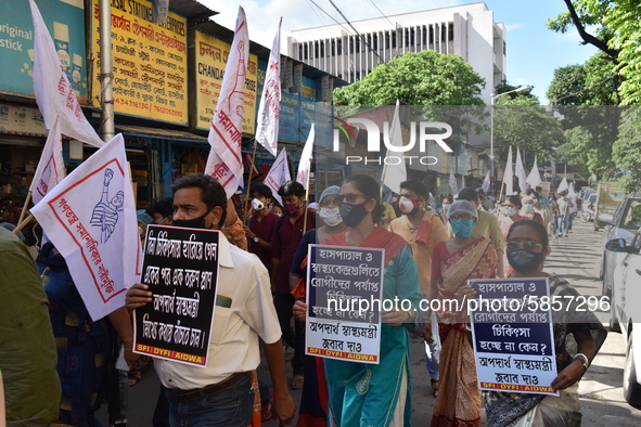 Left Front students union, youth wing and women's association protest on 16th July 2020, Kolkata, India. According to recent emergency situa...