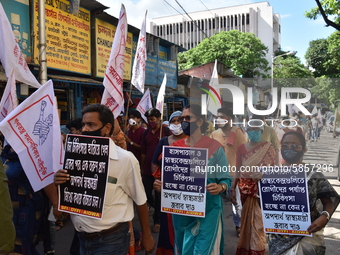 Left Front students union, youth wing and women's association protest on 16th July 2020, Kolkata, India. According to recent emergency situa...