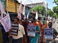 Left Front students union, youth wing and women's association protest on 16th July 2020, Kolkata, India. According to recent emergency situa...