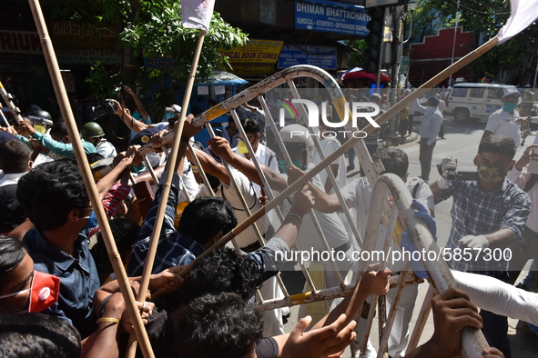 Left Front students union, youth wing and women's association protest on 16th July 2020, Kolkata, India. According to recent emergency situa...