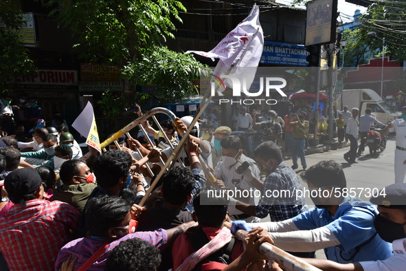 Left Front students union, youth wing and women's association protest on 16th July 2020, Kolkata, India. According to recent emergency situa...