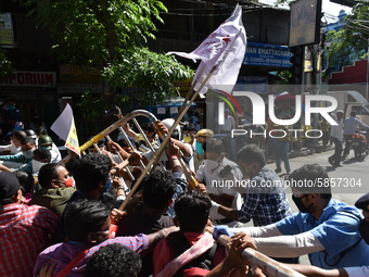 Left Front students union, youth wing and women's association protest on 16th July 2020, Kolkata, India. According to recent emergency situa...