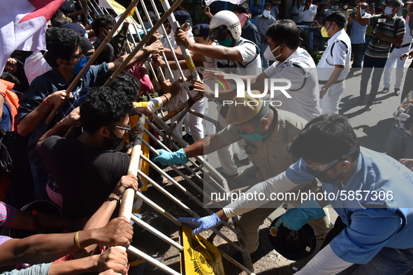 Left Front students union, youth wing and women's association protest on 16th July 2020, Kolkata, India. According to recent emergency situa...