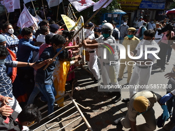 Left Front students union, youth wing and women's association protest on 16th July 2020, Kolkata, India. According to recent emergency situa...