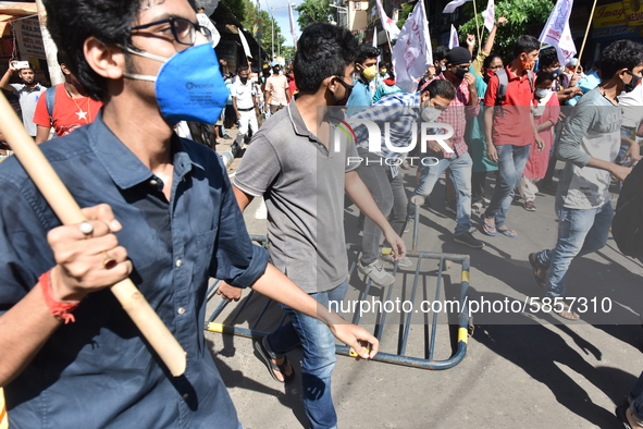 Left Front students union, youth wing and women's association protest on 16th July 2020, Kolkata, India. According to recent emergency situa...