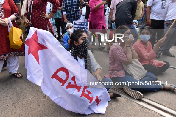 Left Front students union, youth wing and women's association protest on 16th July 2020, Kolkata, India. According to recent emergency situa...